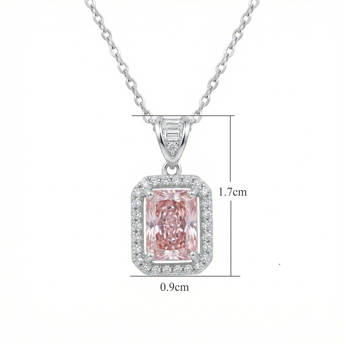 The Sakura Hanagasumi Pendant, front view, radiant-cut pink gemstone in a halo setting
