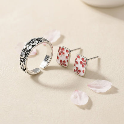 The Hanami Set — close-up of the cherry blossom ring and stud earrings together