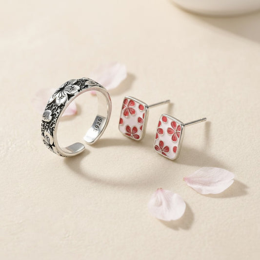 The Hanami Set — close-up of the cherry blossom ring and stud earrings together