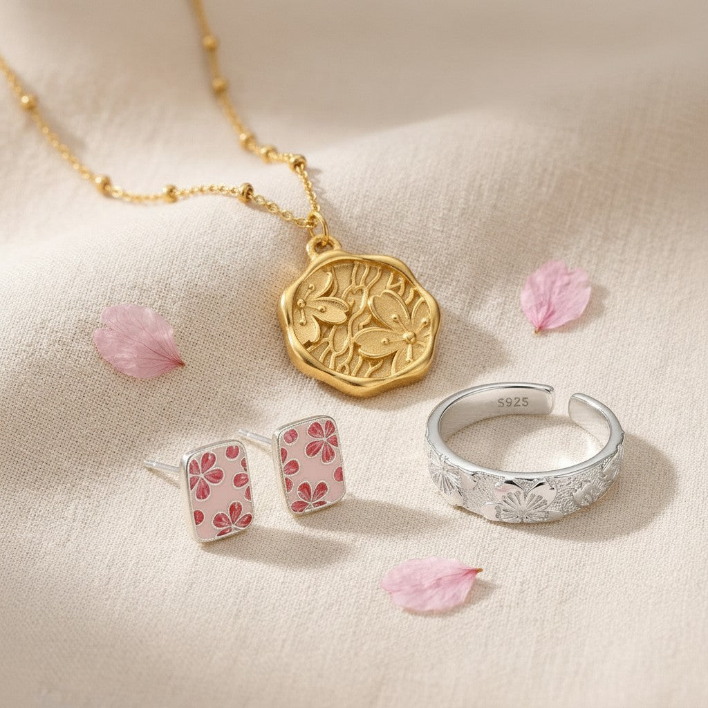 The Kanzashi Trio — three-quarter angle of the pendant, earrings and ring