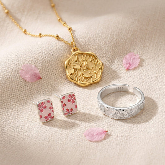 The Kanzashi Trio — Sakura Mizu Gold Pendant, The Sakura Essence Studs and Sakura Ring Komorebi together