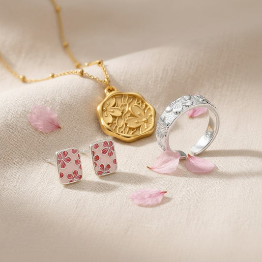 The Kanzashi Trio — low-angle view of the pendant, earrings and ring