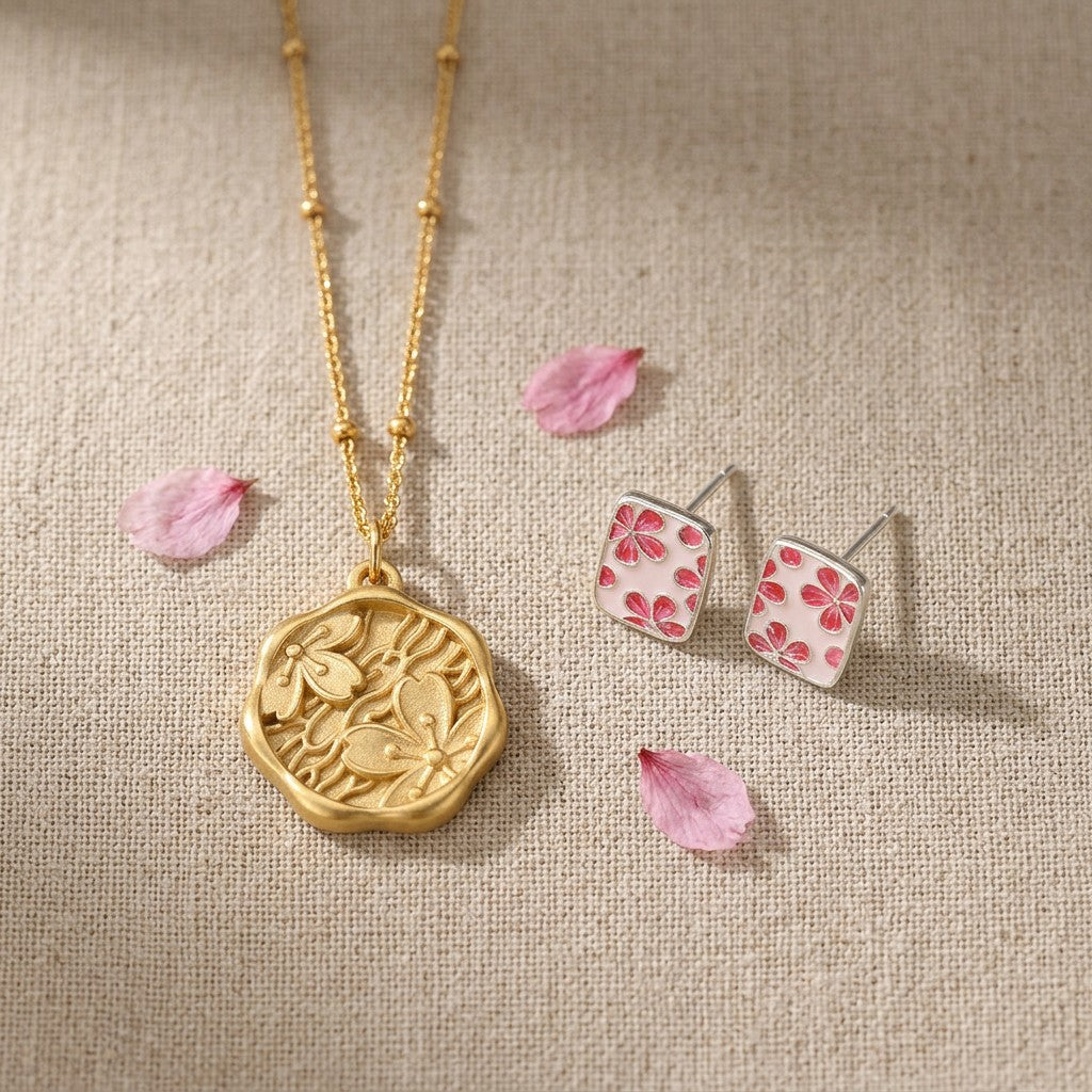 The Mono no Aware — Sakura Mizu Gold Pendant necklace and The Sakura Essence Studs together