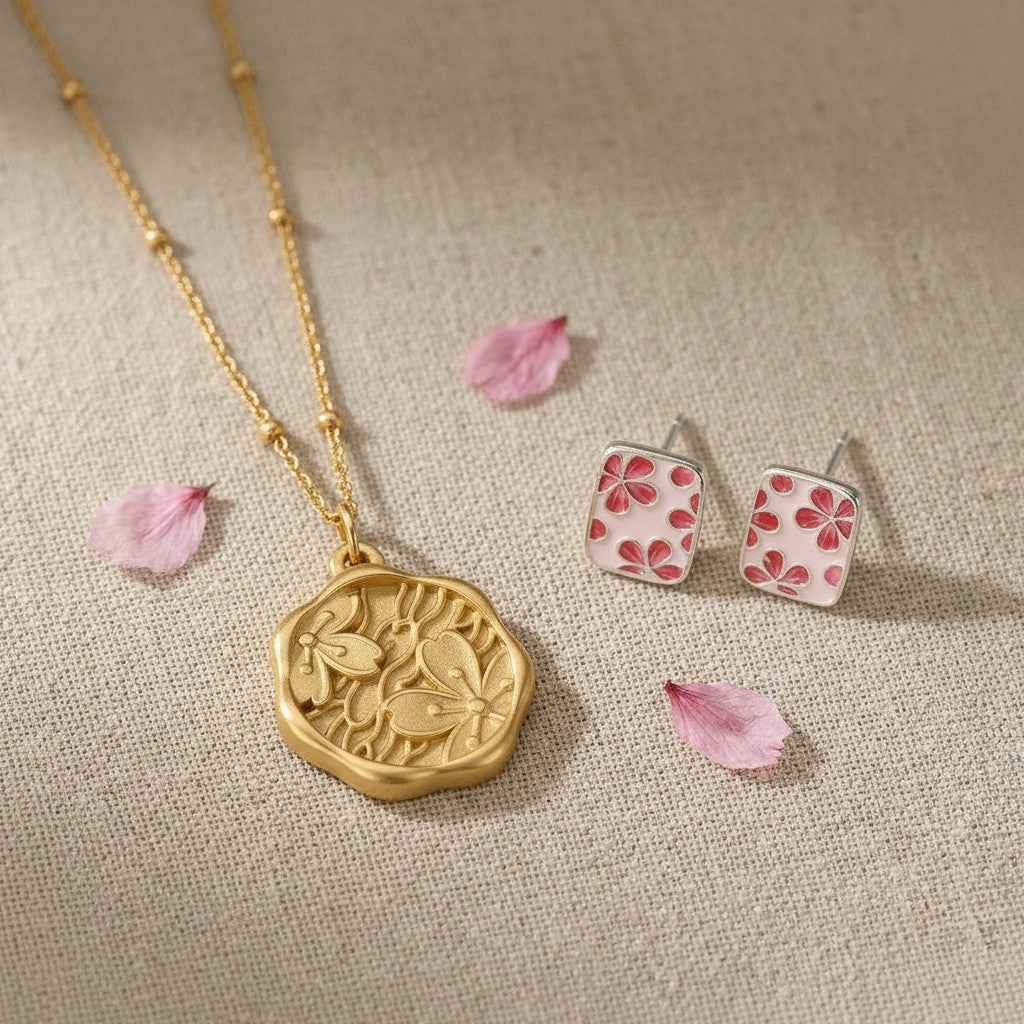 The Mono no Aware — Sakura Mizu Gold Pendant necklace and The Sakura Essence Studs on linen