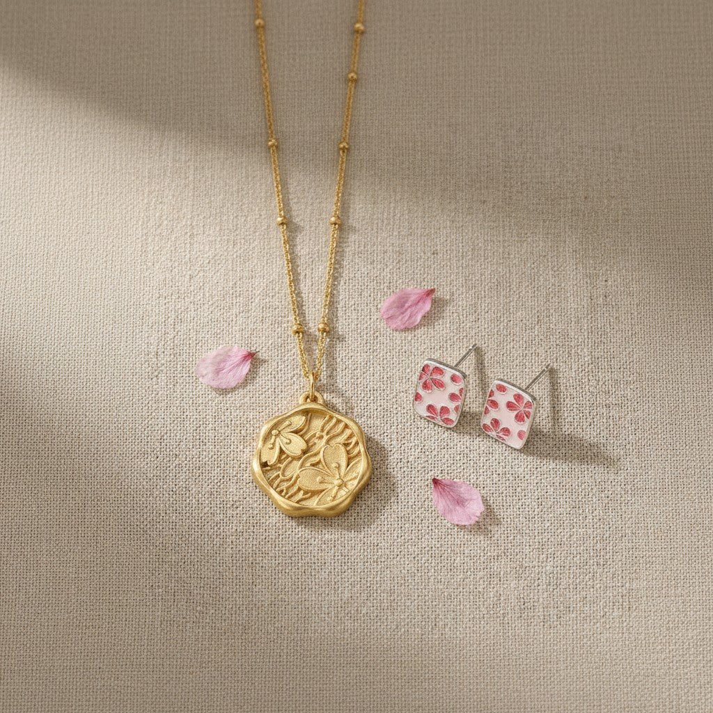 The Mono no Aware — wide view of the gold pendant necklace chain and cherry blossom studs