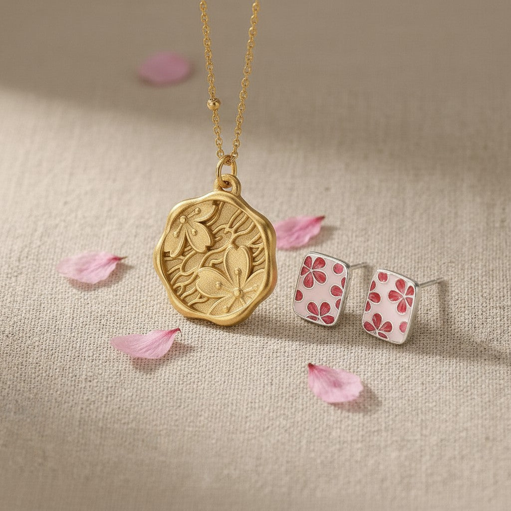 The Mono no Aware — close-up of the engraved gold pendant and cherry blossom stud earring